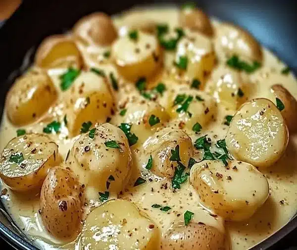 Creamy garlic sauce served with baby potatoes on a white plate.
