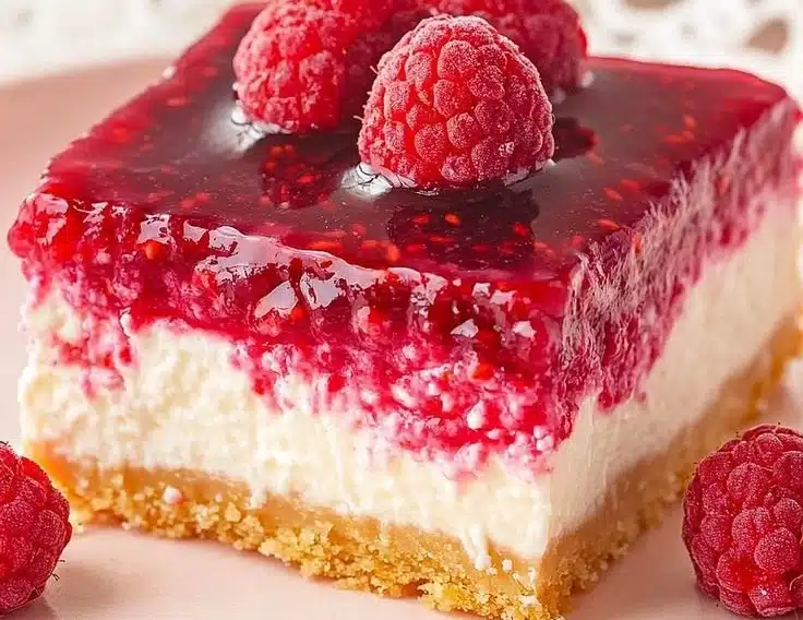 Slice of dreamy raspberry cheesecake on a plate with fresh raspberries