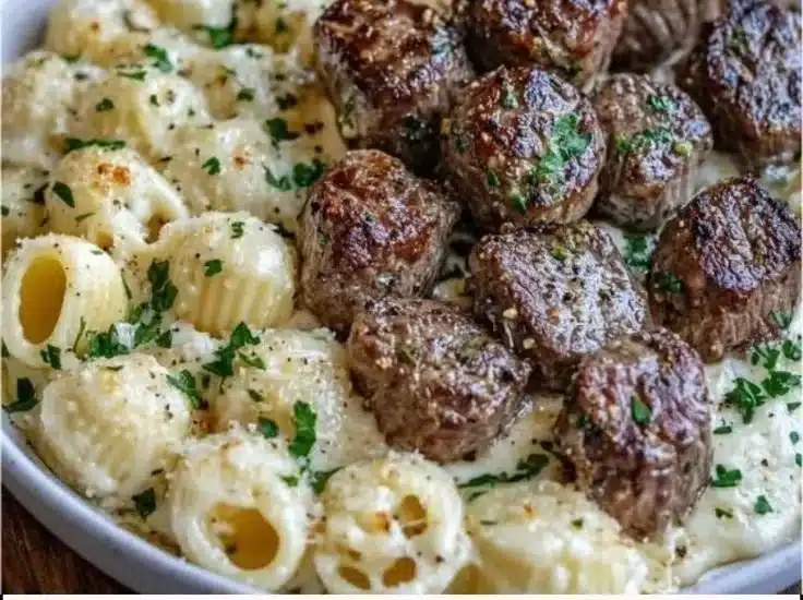 Garlic Butter Steak Bites served with Creamy Parmesan Alfredo Shells