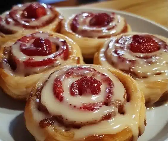 Delicious strawberry cheesecake Cinnabon rolls with creamy frosting