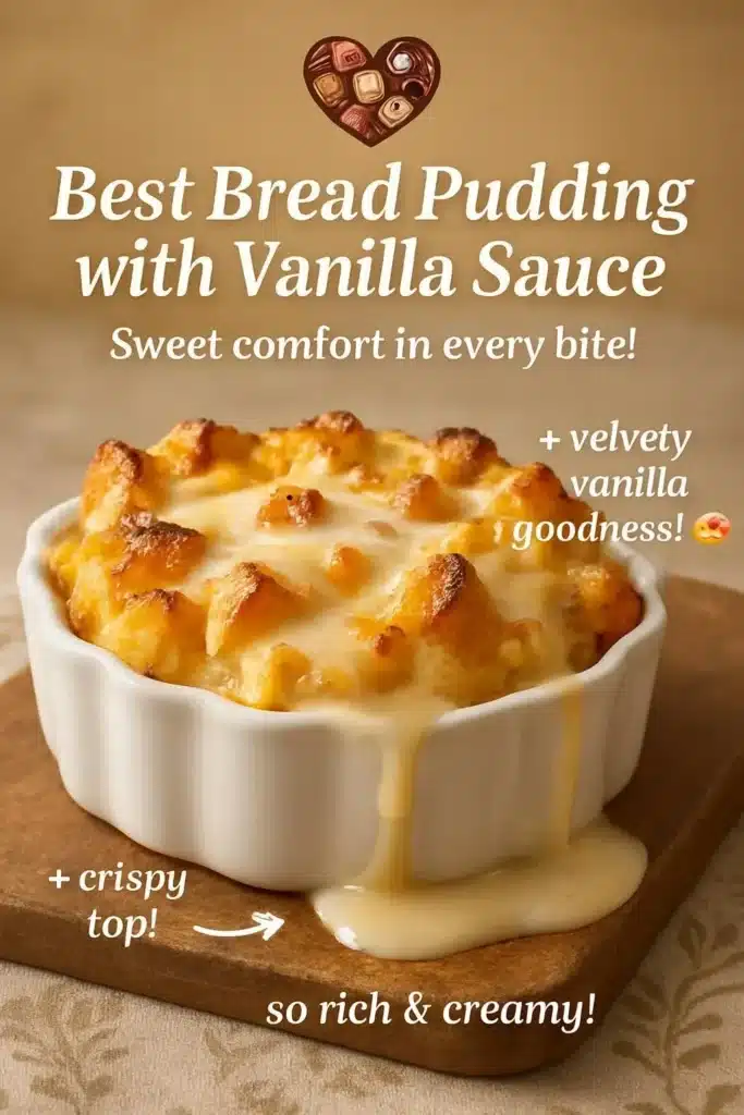 Delicious bread pudding served with creamy vanilla sauce