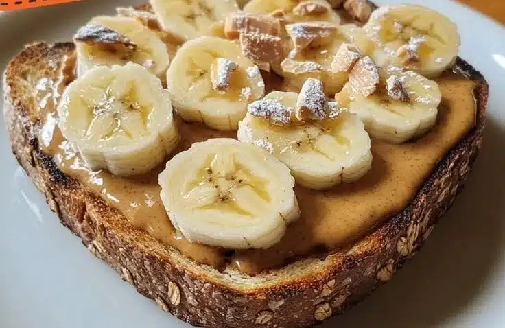 Creamy peanut butter banana toast topped with slices of banana on whole grain bread