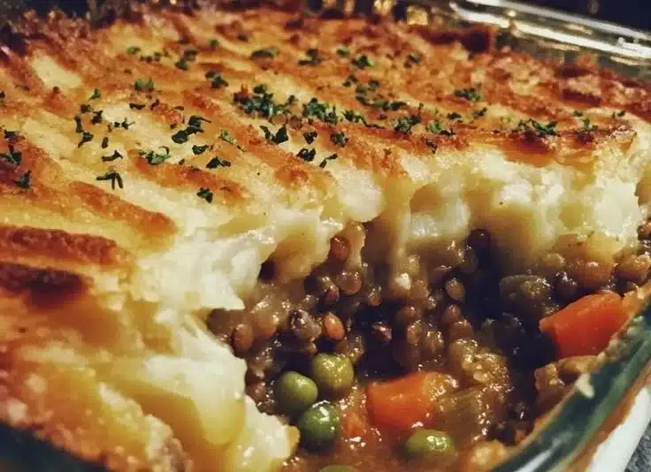 Festive vegan lentil shepherd's pie served with fresh herbs and vegetables