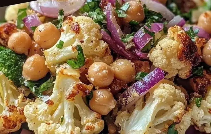 Delicious roasted cauliflower chickpea salad with vibrant vegetables