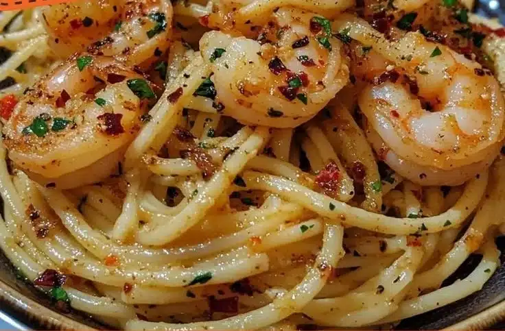 Plate of spicy garlic shrimp pasta with herbs and red pepper flakes