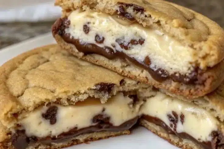 Decadent cheesecake stuffed chocolate chip cookies ready to be enjoyed