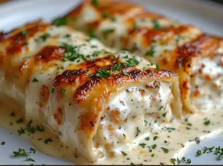 Cheesy Chicken Alfredo Lasagna Rolls recipe, a delicious pasta dinner option.