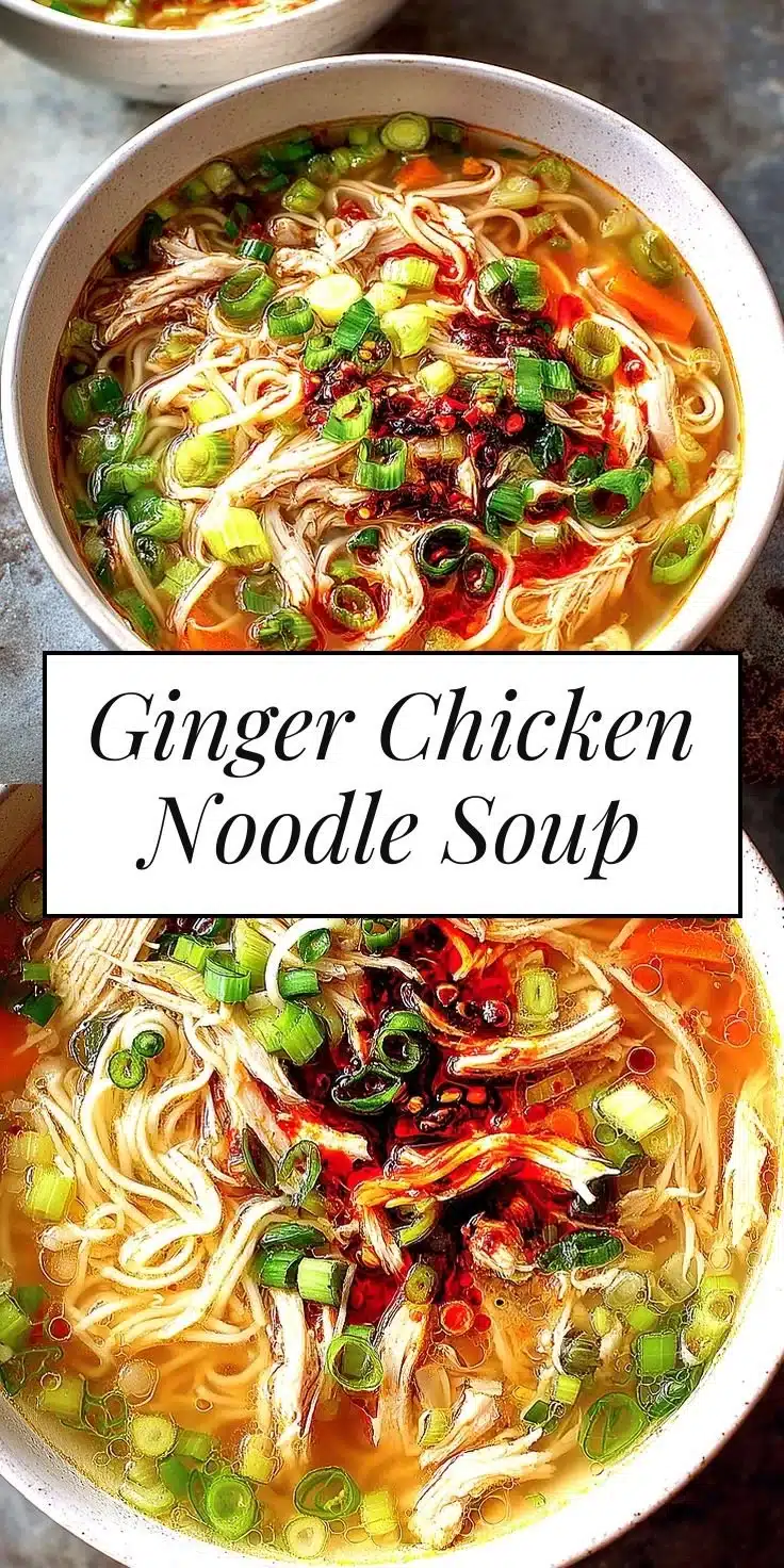 Bowl of Classic Ginger Garlic Chicken Noodle Soup garnished with herbs