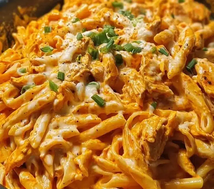 Creamy buffalo chicken pasta topped with herbs and cheese in a bowl