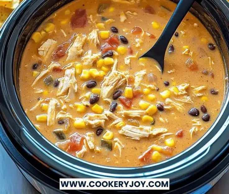 Crockpot chicken tortilla soup garnished with tortilla strips and avocado
