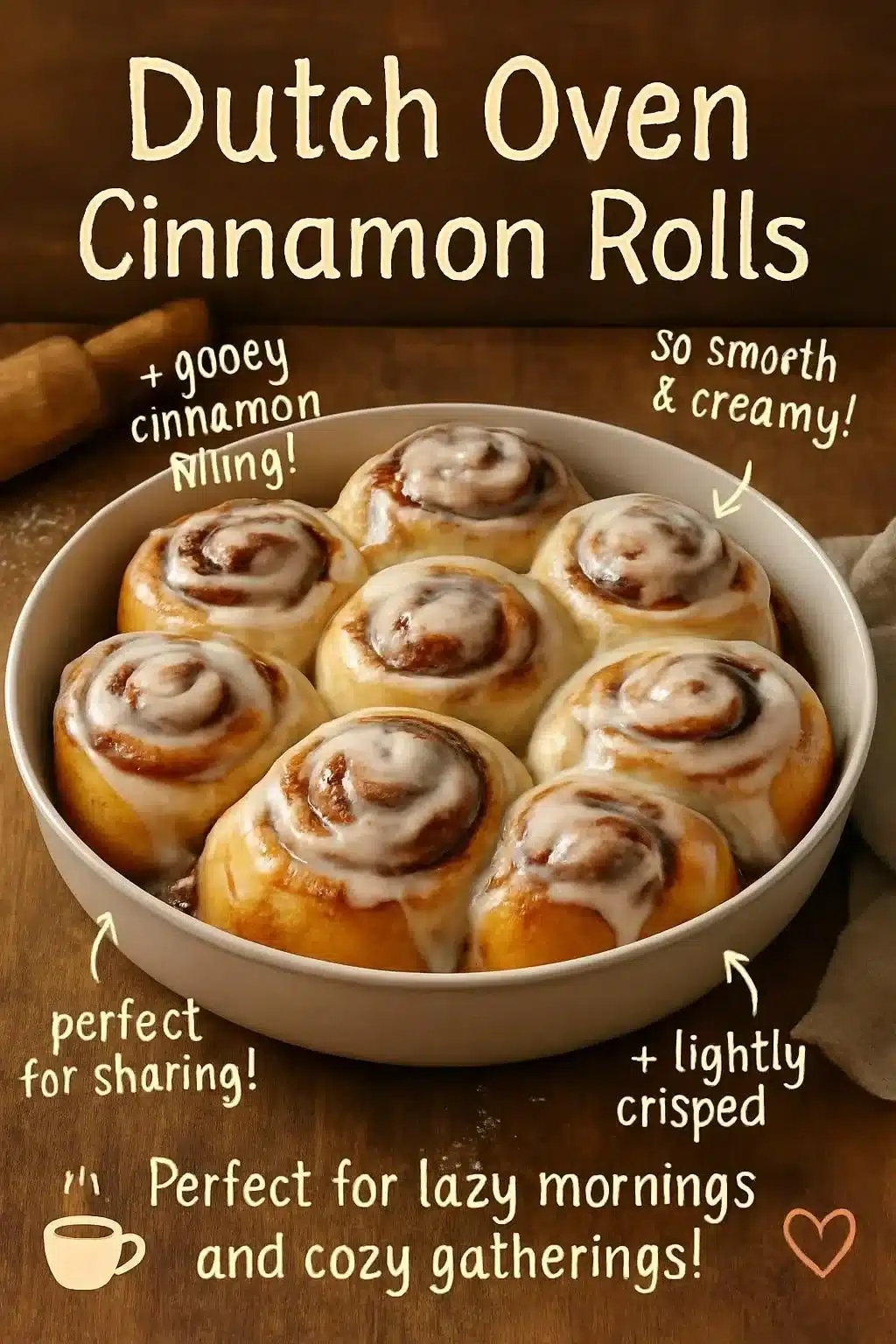 Fluffy Dutch Oven Cinnamon Rolls topped with sweet glaze and spices