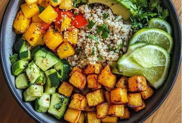 A colorful avocado lime veggie power bowl filled with fresh ingredients and vibrant flavors.