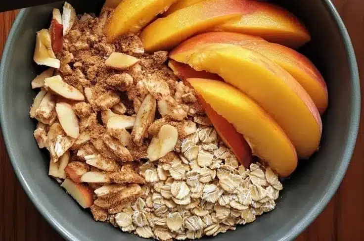 Bowl of warm cinnamon peach oatmeal topped with fresh peaches and spices.