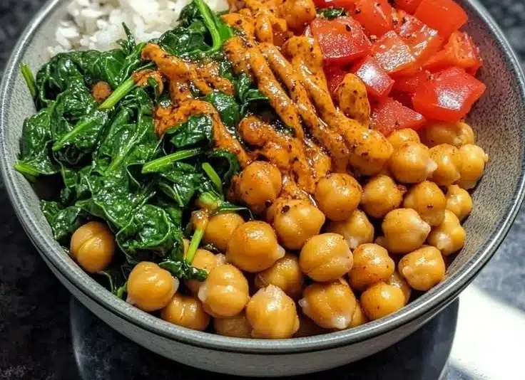Fresh spinach chickpea bowl with vibrant ingredients and bold flavors