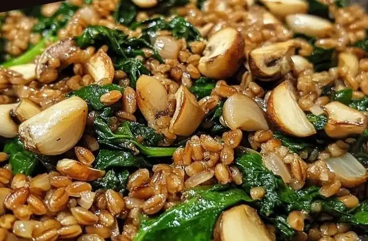 Delicious Garlic Spinach Farro skillet dish with vibrant greens and grains