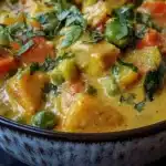 Bowl of easy healthy coconut vegetable curry with vibrant vegetables and coconut milk.