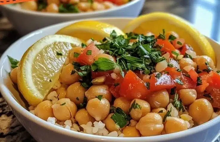Herb lemon chickpea bowls garnished with fresh herbs and lemon slices served in a bowl