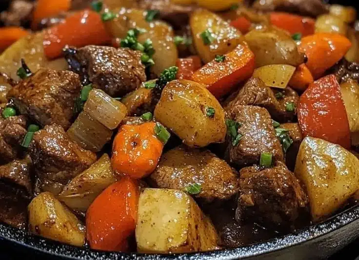 Easy holiday beef veggie skillet recipe with vibrant colors and bold flavors.