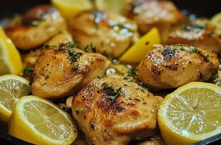 Delicious one pan lemon chicken garnished with fresh herbs and lemon slices