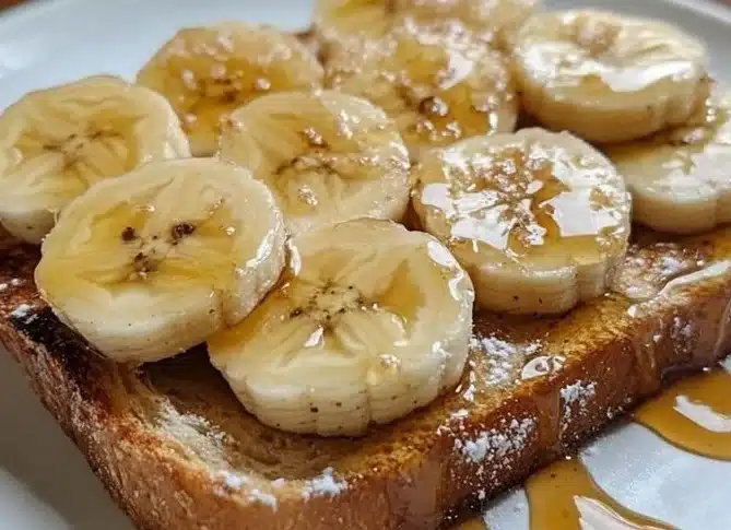Protein banana toast topped with maple syrup for a delicious breakfast.