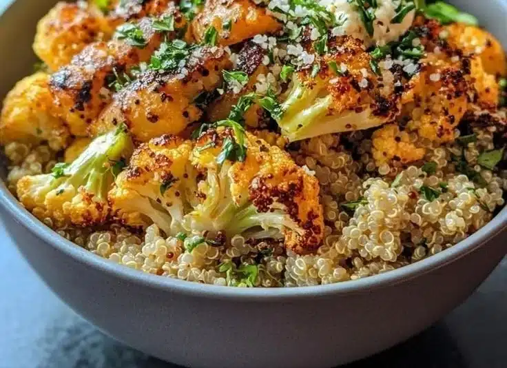 Easy roasted cauliflower quinoa bowl garnished with fresh herbs and spices.