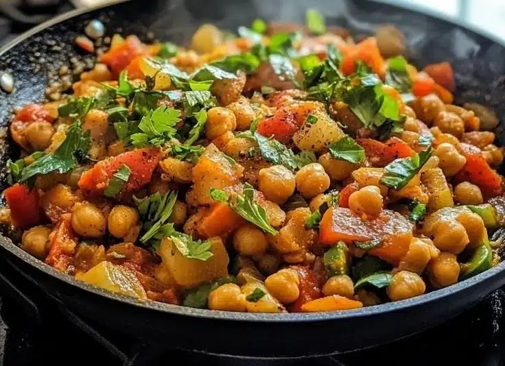 A colorful bowl of spicy chickpea skillet with veggies garnished with herbs.