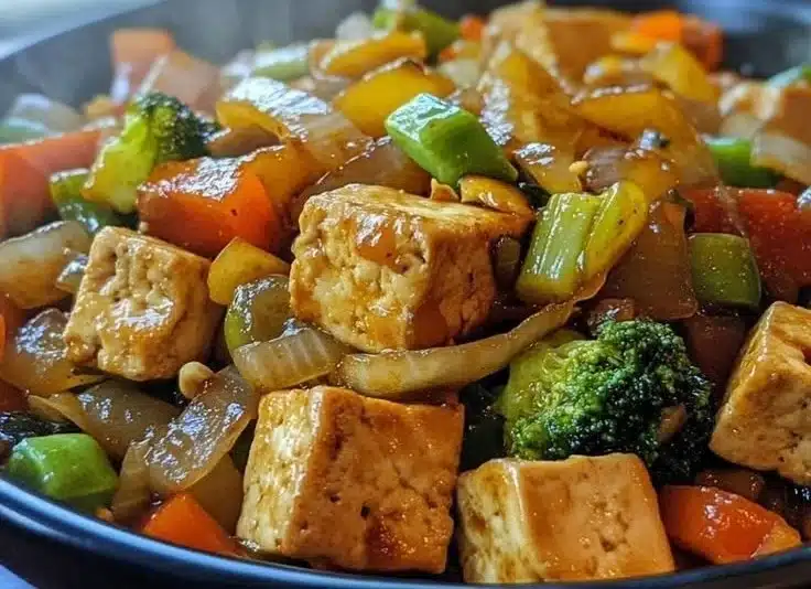 Delicious easy tofu veggie stir-fry with ginger and colorful vegetables.