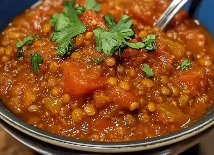 Bowl of easy tomato lentil stew, warm and hearty with fresh ingredients