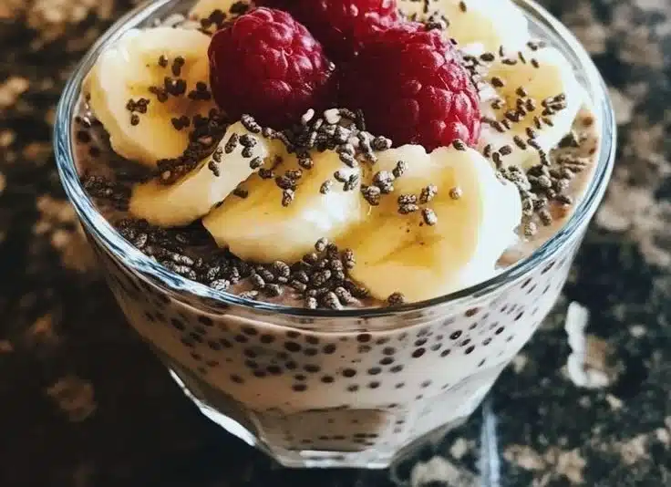 Bowl of easy vanilla chia pudding topped with fresh fruits and nuts