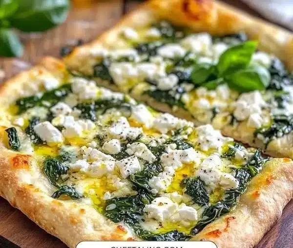Greek roasted garlic spinach white pizza topped with fresh ingredients and cheese