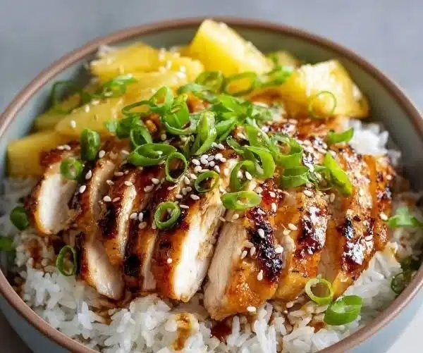 Hawaiian Chicken served with coconut rice on a vibrant plate.
