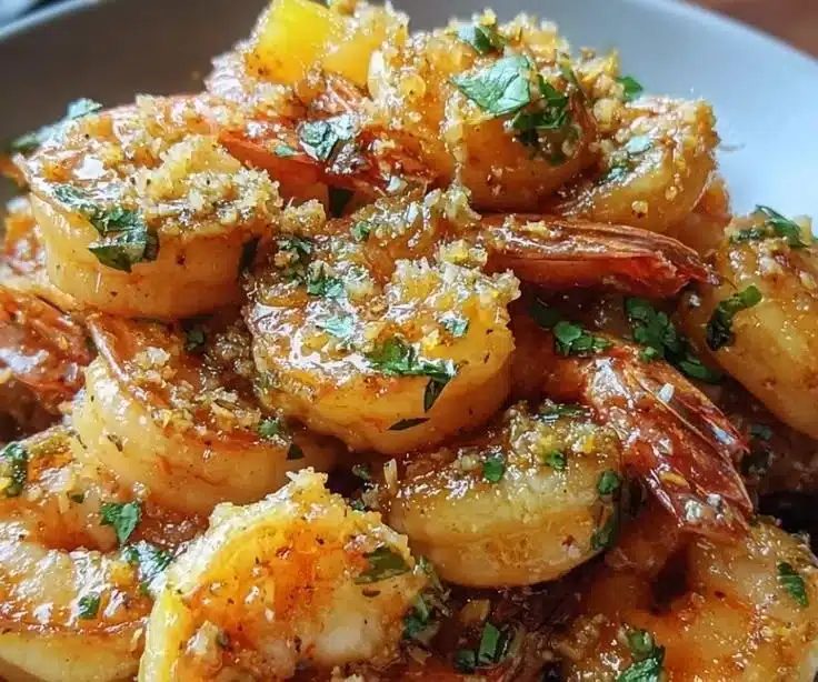 Plate of Hawaiian Garlic Shrimp with rice and green garnish