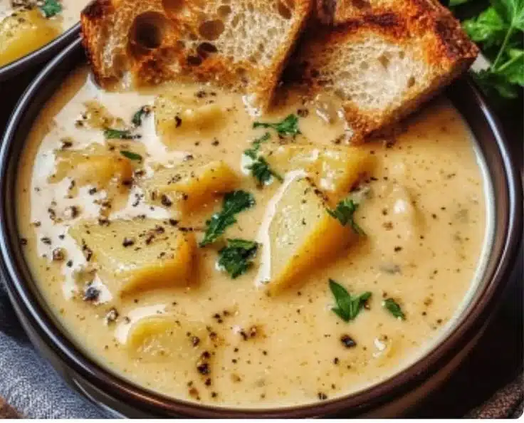 Creamy cheddar garlic herb potato soup in a bowl with fresh herbs