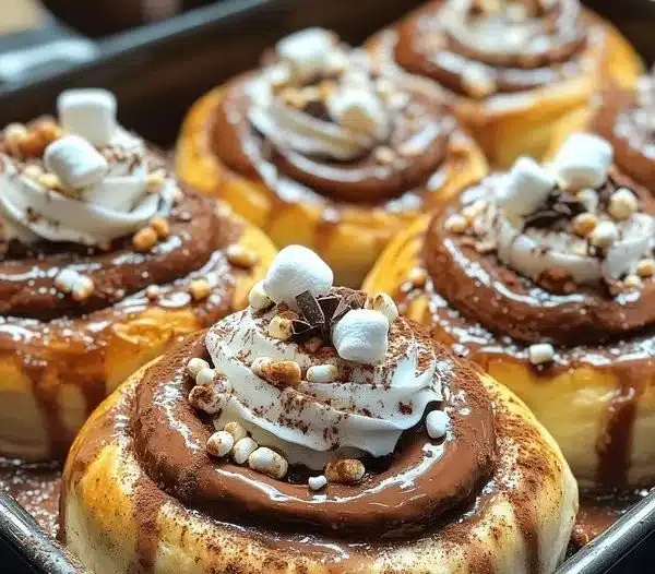 Freshly baked hot cocoa cinnamon rolls topped with creamy frosting