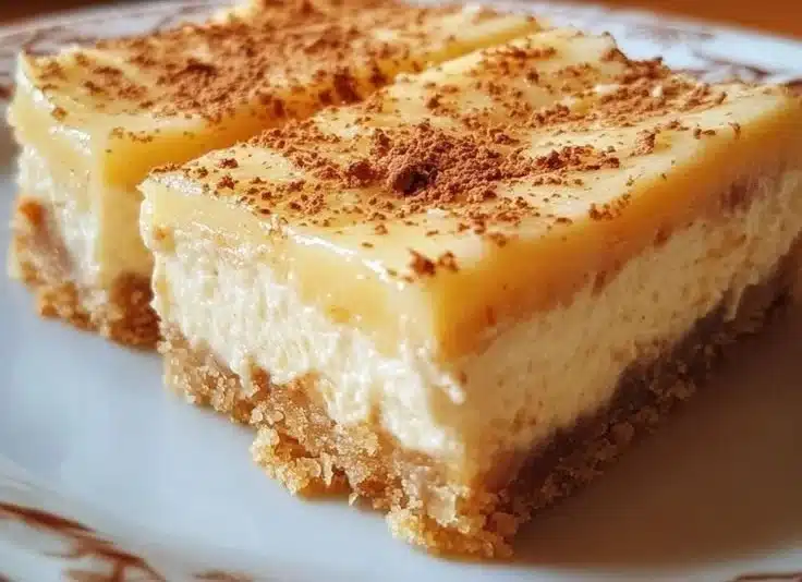 Delicious holiday eggnog cheesecake bars on a festive platter