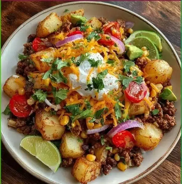 Delicious loaded potato taco bowl topped with fresh ingredients and spices