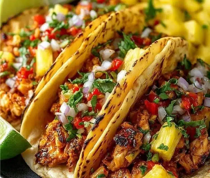 Delicious Pineapple Chicken Tacos served with fresh toppings