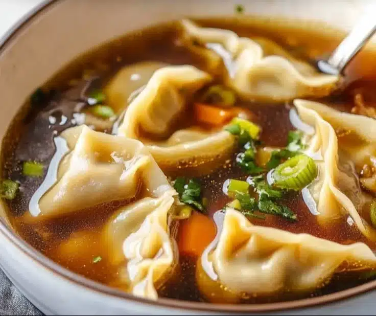 Bowl of delicious Potsticker Soup with dumplings and fresh vegetables