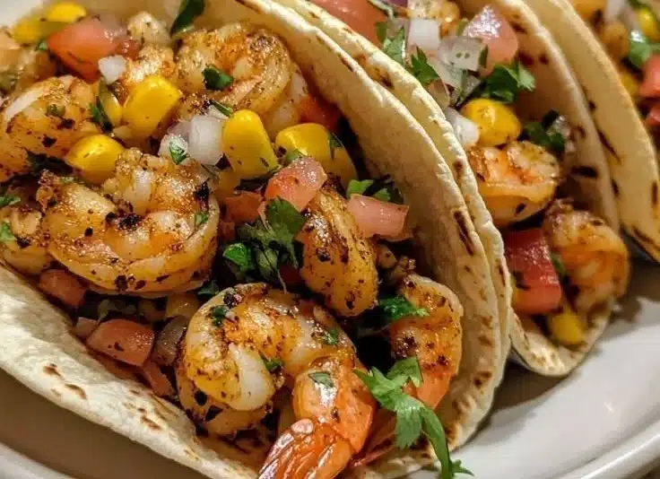 Delicious Cajun shrimp tacos topped with fresh ingredients on a plate.