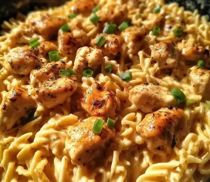 Smoky White Cheddar Honey Butter Chicken Pasta Skillet in a frying pan