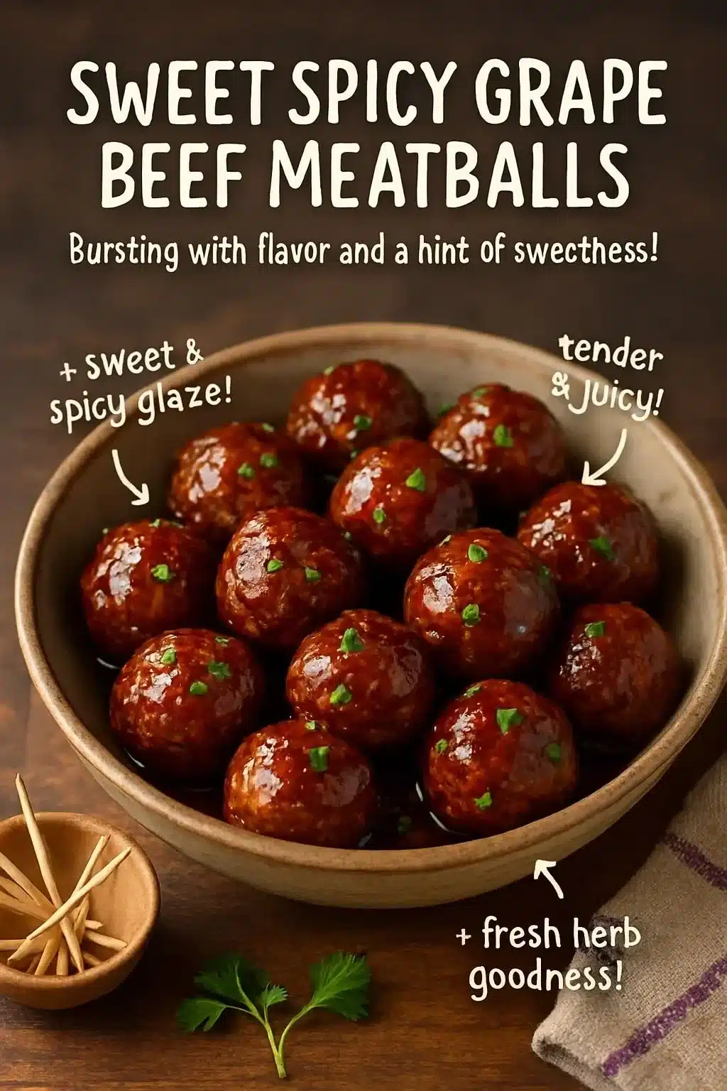 Sweet Spicy Grape Beef Meatballs served on a plate with a garnished sauce.