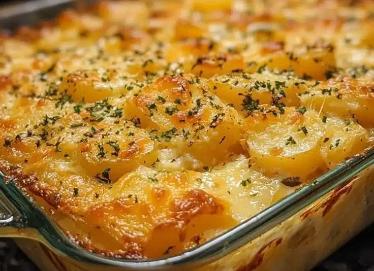 Festive cheesy potato casserole baked in a dish, perfect for cozy gatherings