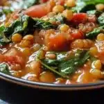 Delicious Tomato Spinach Lentil Stew served in a bowl with fresh greens