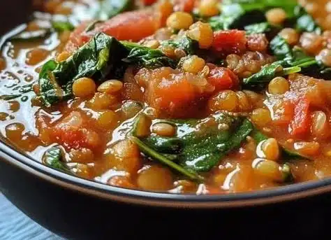 Delicious Tomato Spinach Lentil Stew served in a bowl with fresh greens